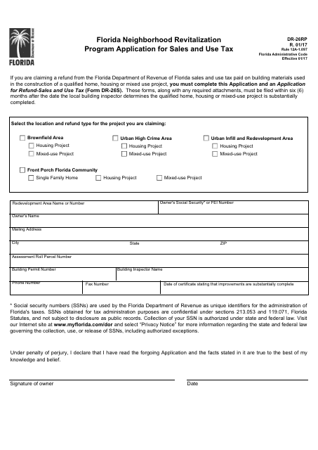 Form DR-26RP Florida Neighborhood Revitalization Program Application for Sales and Use Tax - Florida