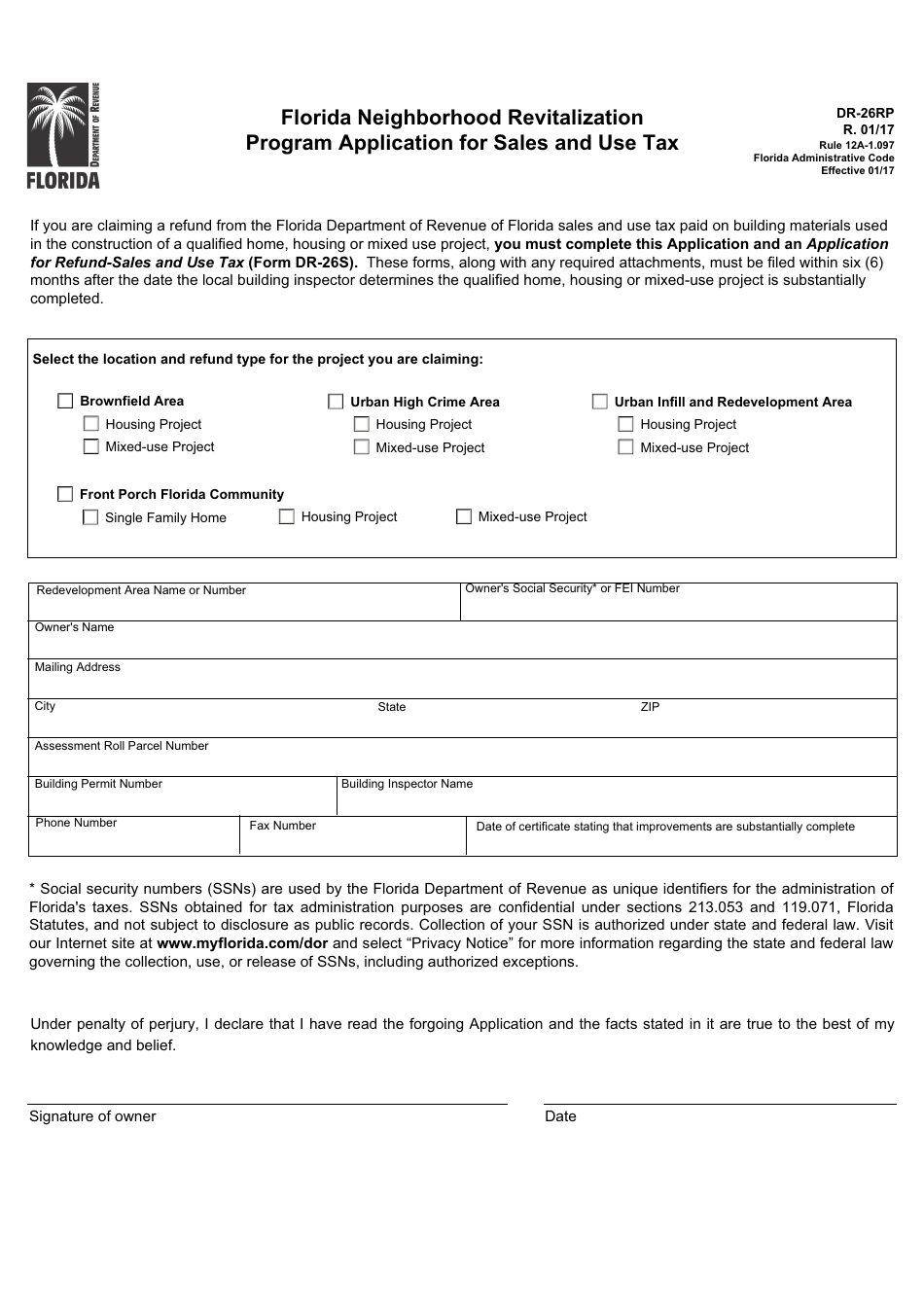 Form DR-26RP Florida Neighborhood Revitalization Program Application for Sales and Use Tax - Florida, Page 1