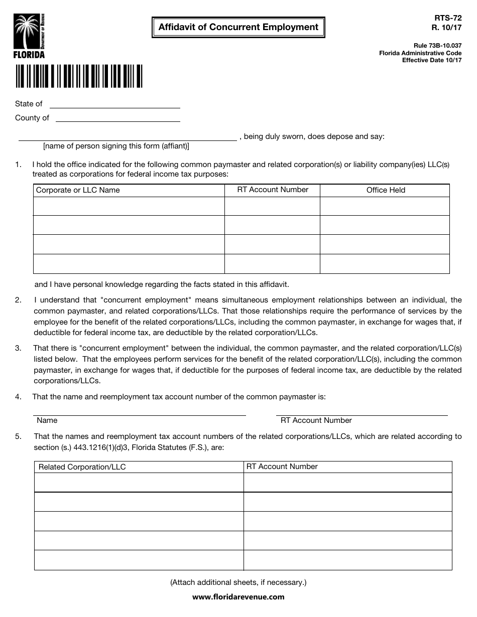 Form RTS-72 Affidavit of Concurrent Employment - Florida, Page 1