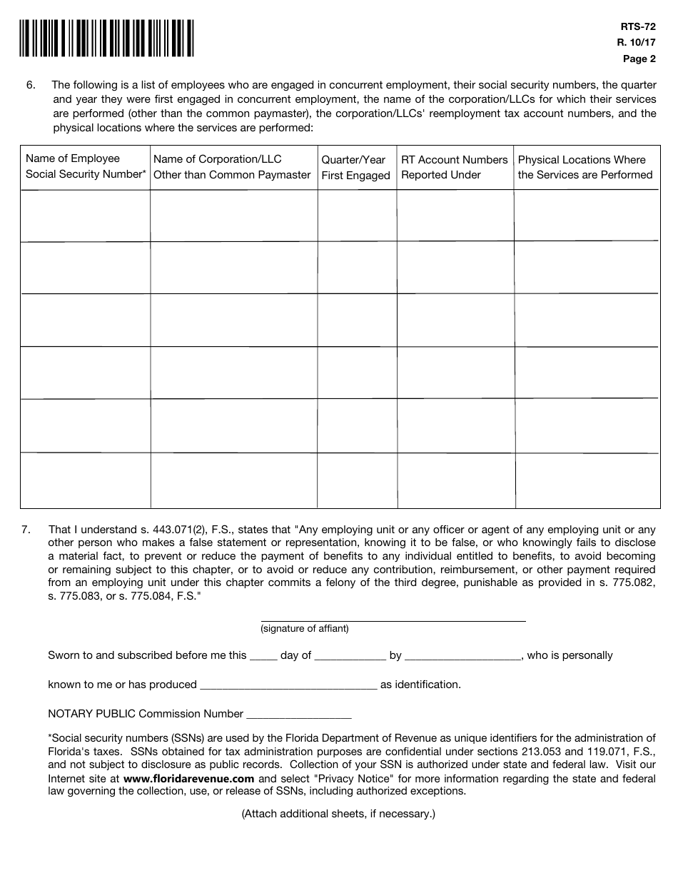 Form RTS-72 Affidavit of Concurrent Employment - Florida, Page 2