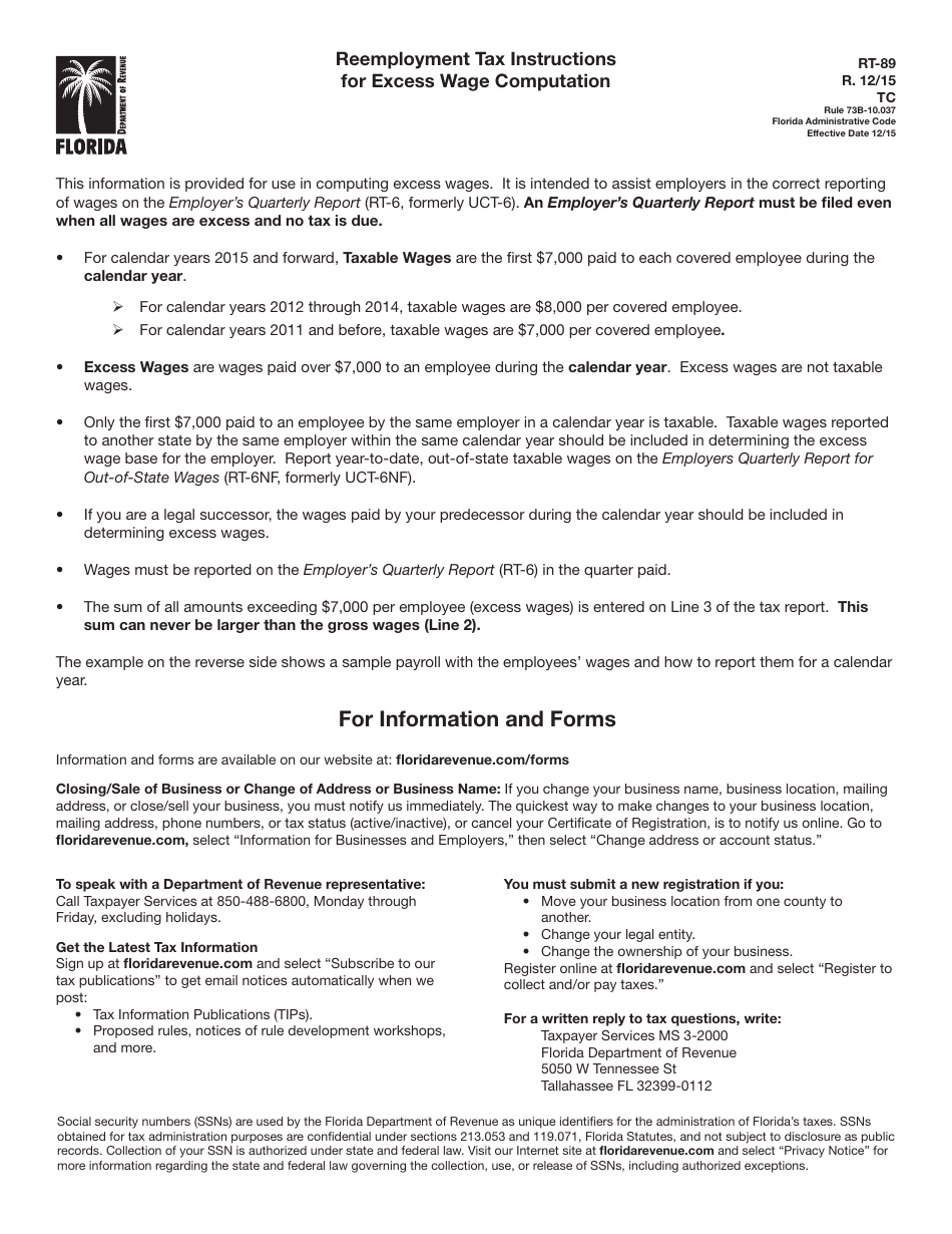 Form RT-89 Reemployment Tax Excess Audit Worksheet - Florida, Page 1