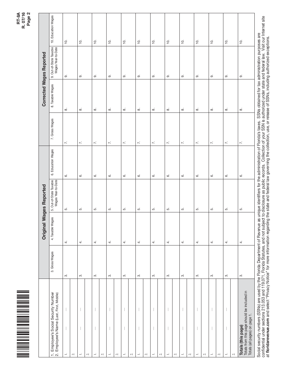 Form RT-8A Correction to Employers Quarterly or Annual Domestic Report - Florida, Page 2