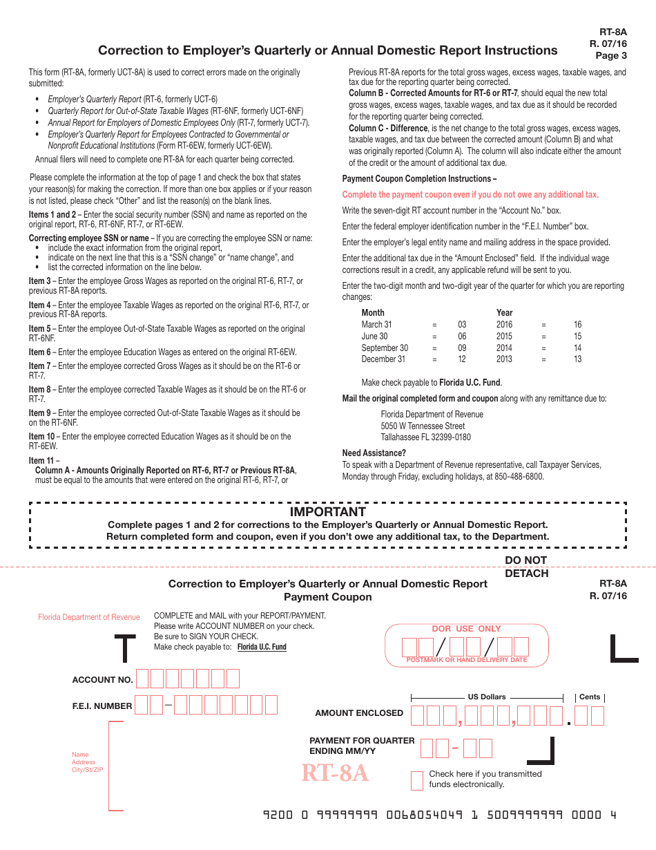 Form RT-8A Correction to Employers Quarterly or Annual Domestic Report - Florida, Page 3