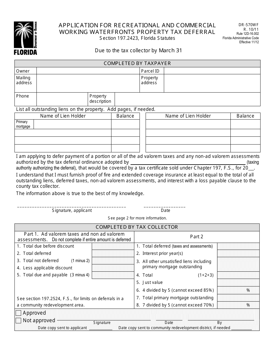 Form DR-570WF Application for Recreational and Commercial Working Waterfronts Property Tax Deferral - Florida, Page 1