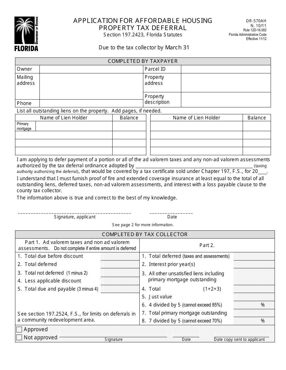 Form DR-570AH Application for Affordable Housing Property Tax Deferral - Florida, Page 1