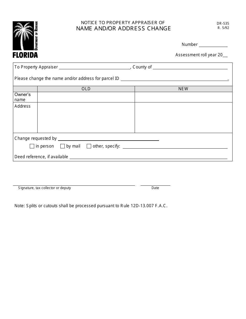 Form DR-535 Notice to Property Appraiser of Name and / or Address Change - Florida, Page 1
