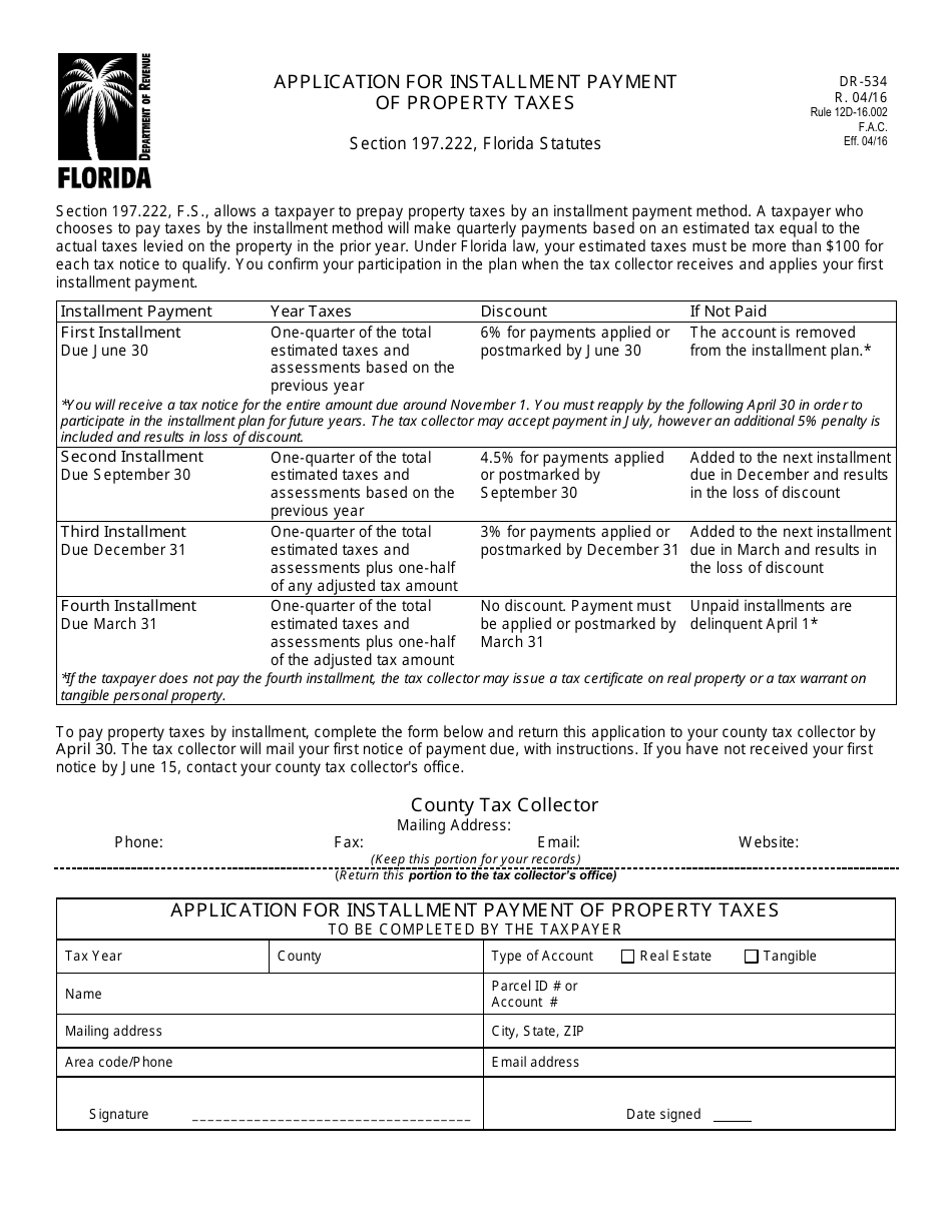 Form DR-534 Application for Installment Payment of Property Taxes - Florida, Page 1