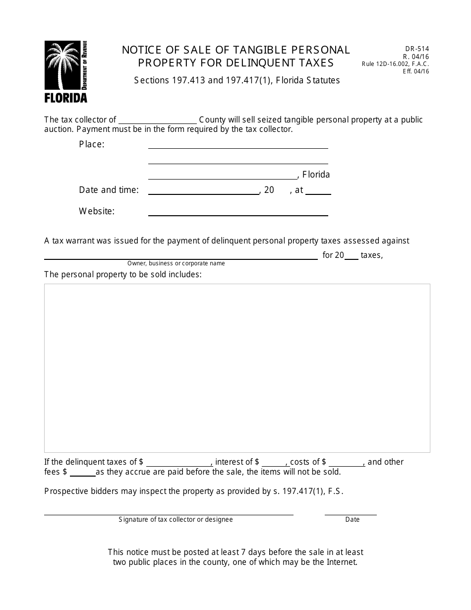 Form DR-514 Notice of Sale of Tangible Personal Property for Delinquent Taxes - Florida, Page 1
