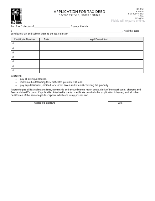 Form DR-512 Application for Tax Deed - Florida