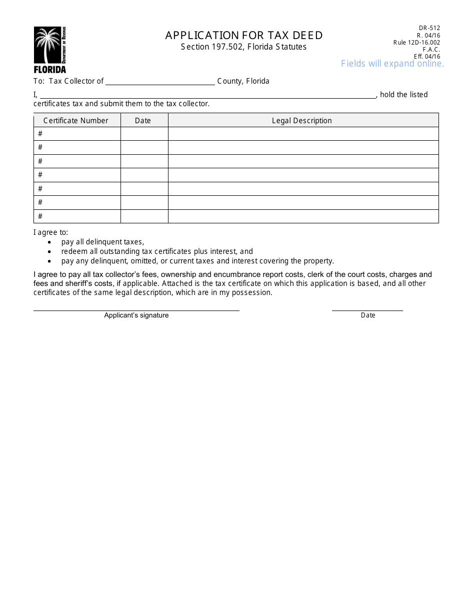 Form DR-512 Application for Tax Deed - Florida, Page 1