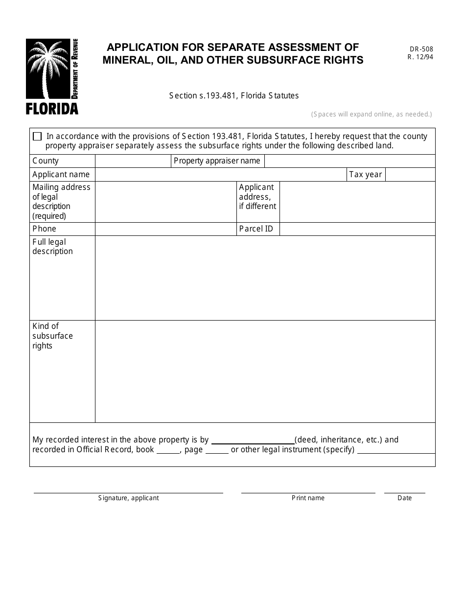 Form DR-508 Application for Separate Assessment of Mineral, Oil, and Other Subsurface Rights - Florida, Page 1