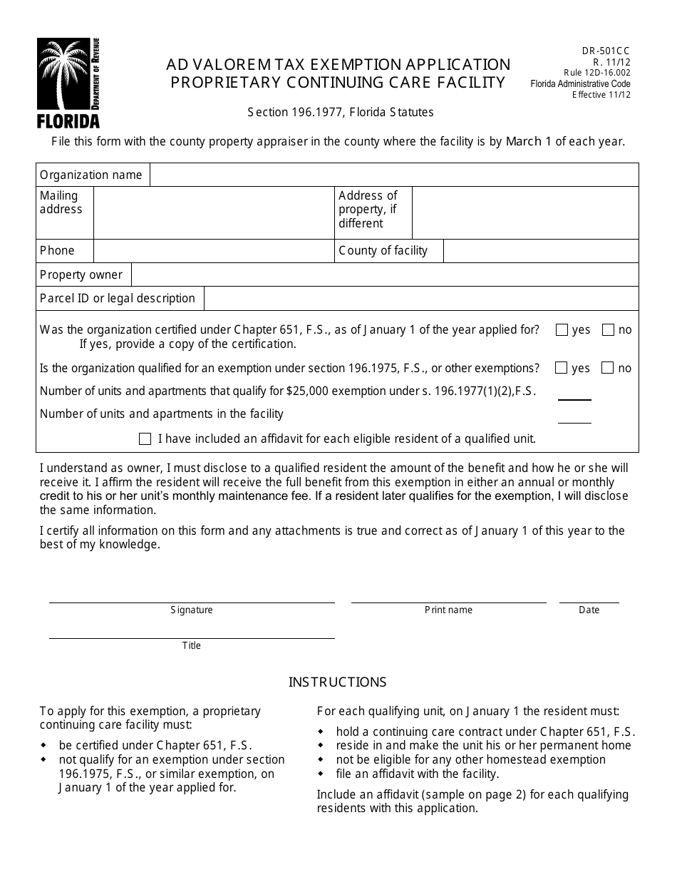 Form DR-501CC Ad Valorem Tax Exemption Application Proprietary Continuing Care Facility - Florida, Page 1