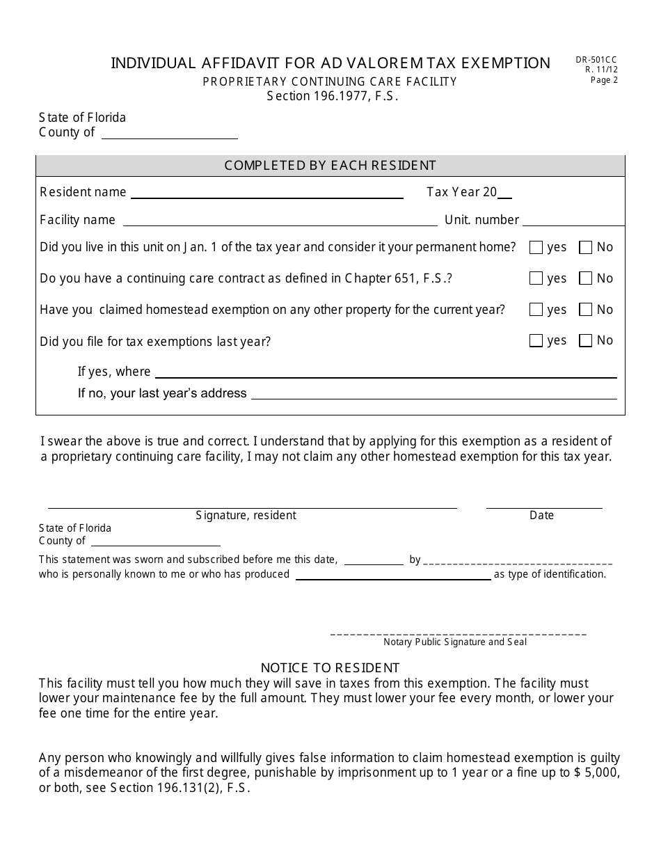 Form DR-501CC Ad Valorem Tax Exemption Application Proprietary Continuing Care Facility - Florida, Page 2