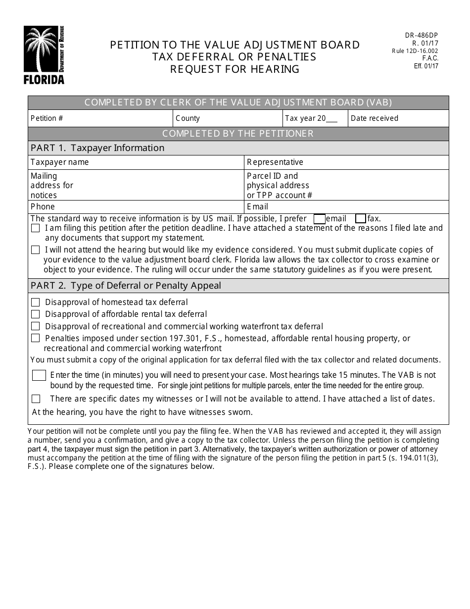 Form DR-486DP Petition to the Value Adjustment Board Tax Deferral or Penalties Request for Hearing - Florida, Page 1