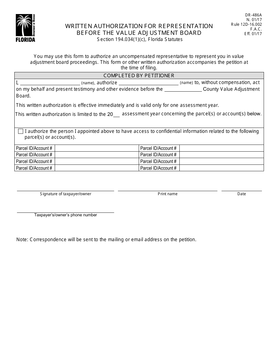 Form DR-486A Written Authorization for Representation Before the Value Adjustment Board - Florida, Page 1