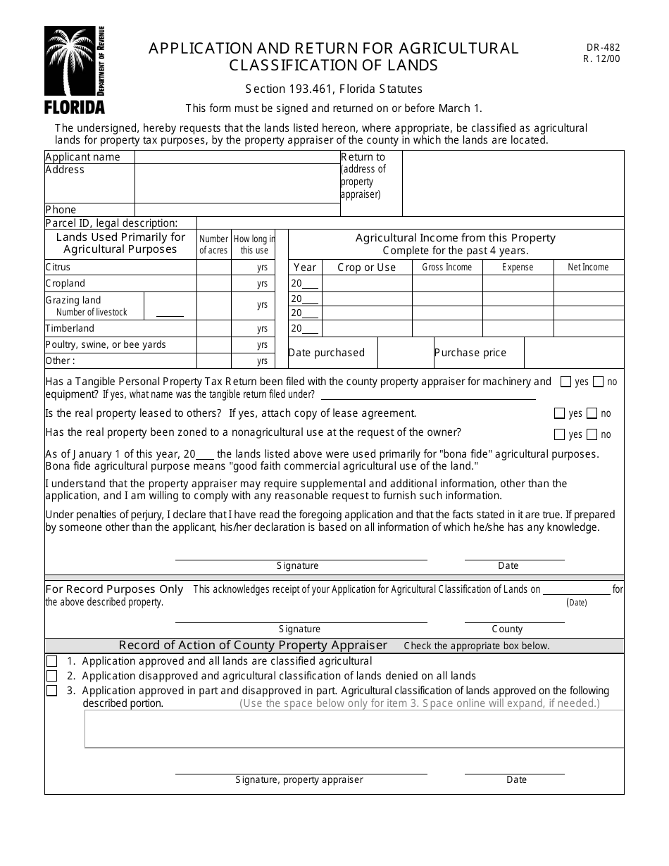 Form DR-482 Application and Return for Agricultural Classification of Lands - Florida, Page 1