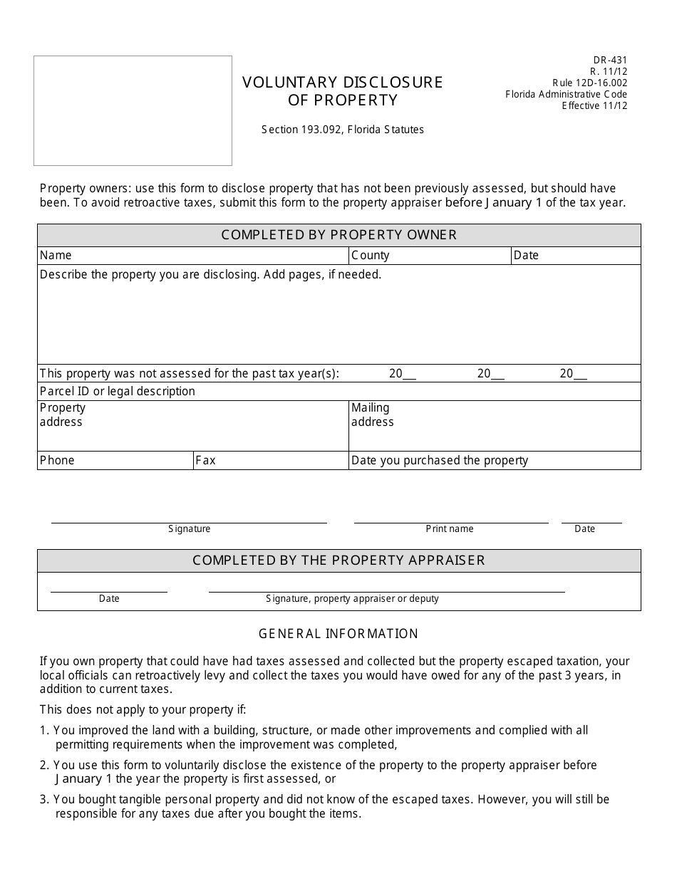 Form DR-431 Voluntary Disclosure of Property - Florida, Page 1