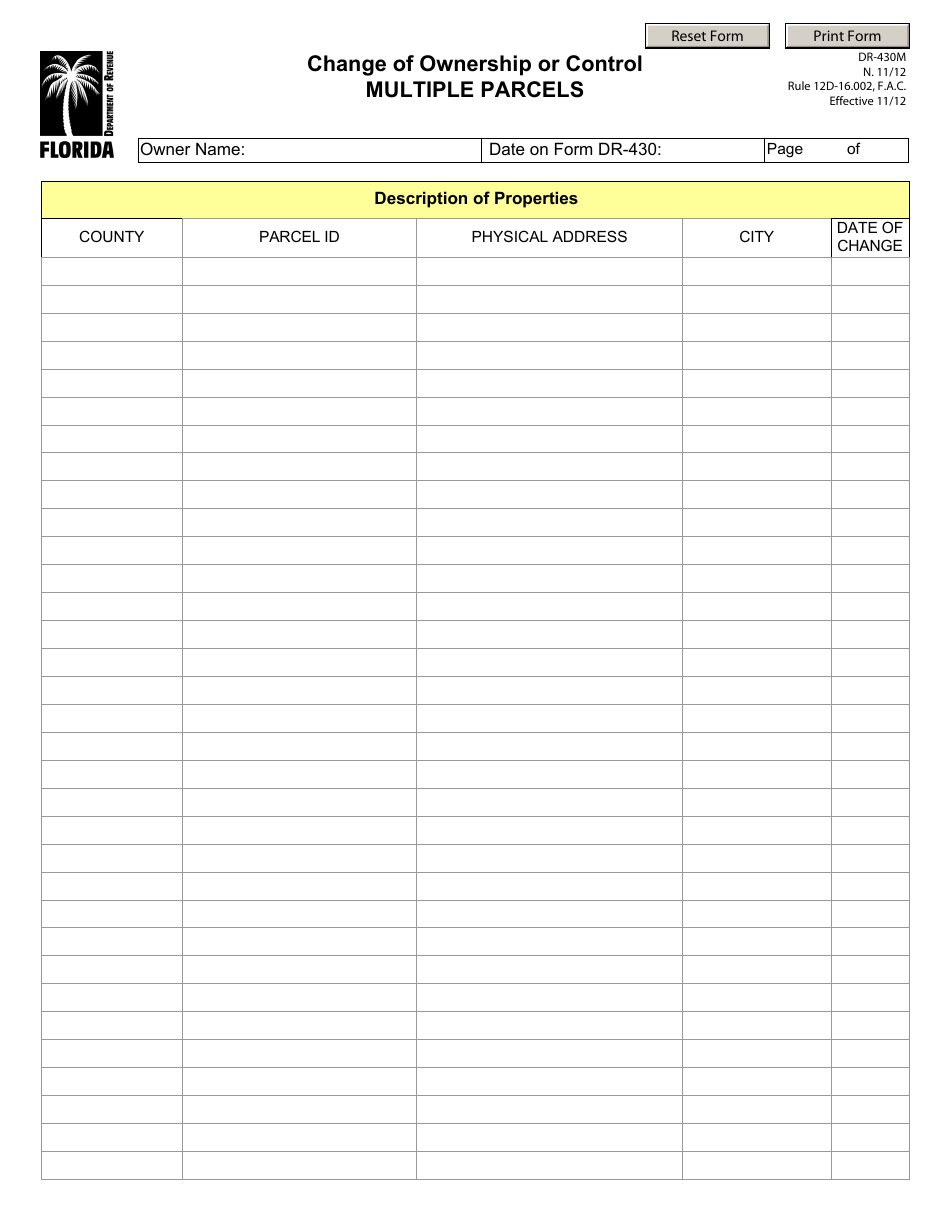 Form DR-430M Change of Ownership or Control Multiple Parcels - Florida, Page 1