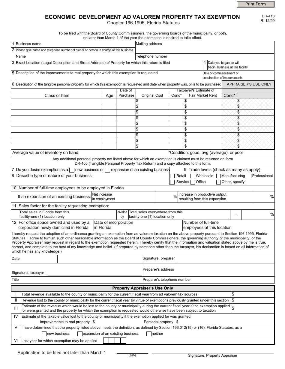 Form DR-418 Economic Development Ad Valorem Property Tax Exemption - Florida, Page 1