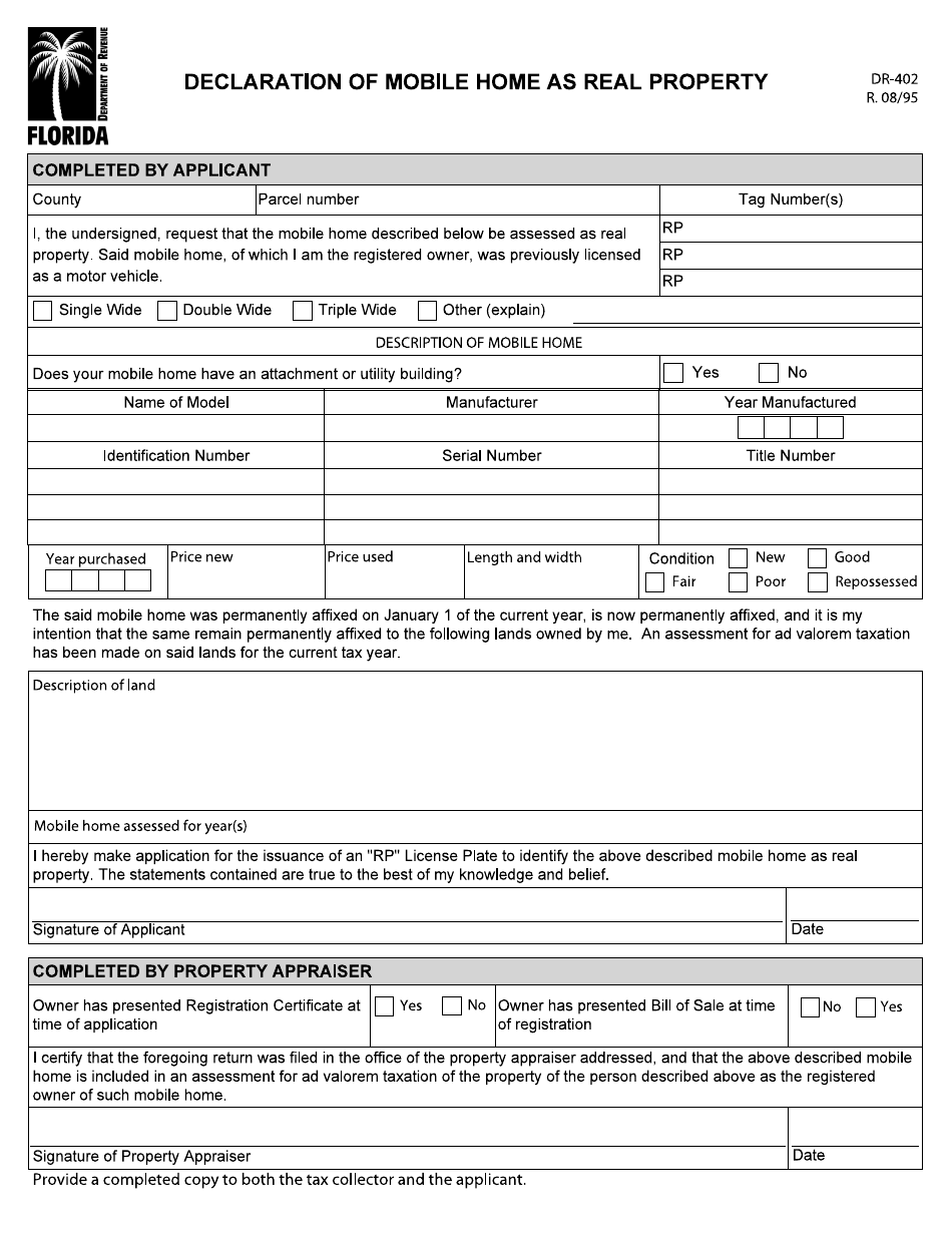 Form DR-402 Declaration of Mobile Home as Real Property - Florida, Page 1