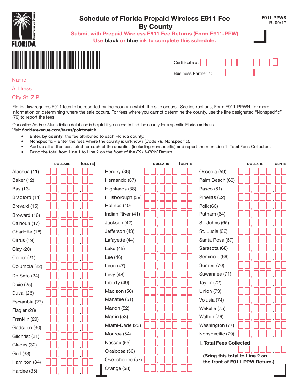 Form E911-PPWS Schedule of Florida Prepaid Wireless E911 Fee by County - Florida, Page 1