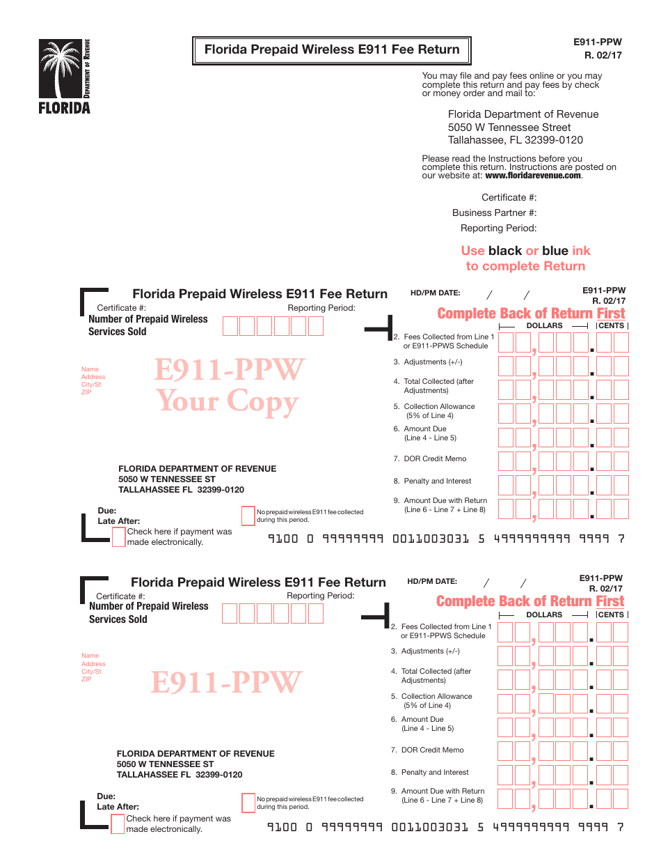 Form E911-PPW Florida Prepaid Wireless E911 Fee Return - Florida, Page 1