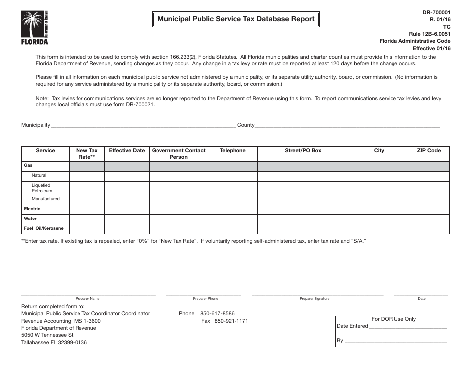 Form DR-700001 Municipal Public Service Tax Database Report - Florida, Page 1