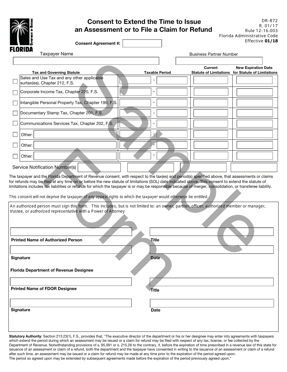 Sample Form DR-872 Consent to Extend the Time to Issue an Assessment or to File a Claim for Refund - Florida, Page 1