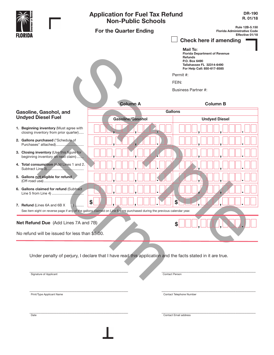 Sample Form DR-190 Application for Fuel Tax Refund Non-public Schools - Florida, Page 1