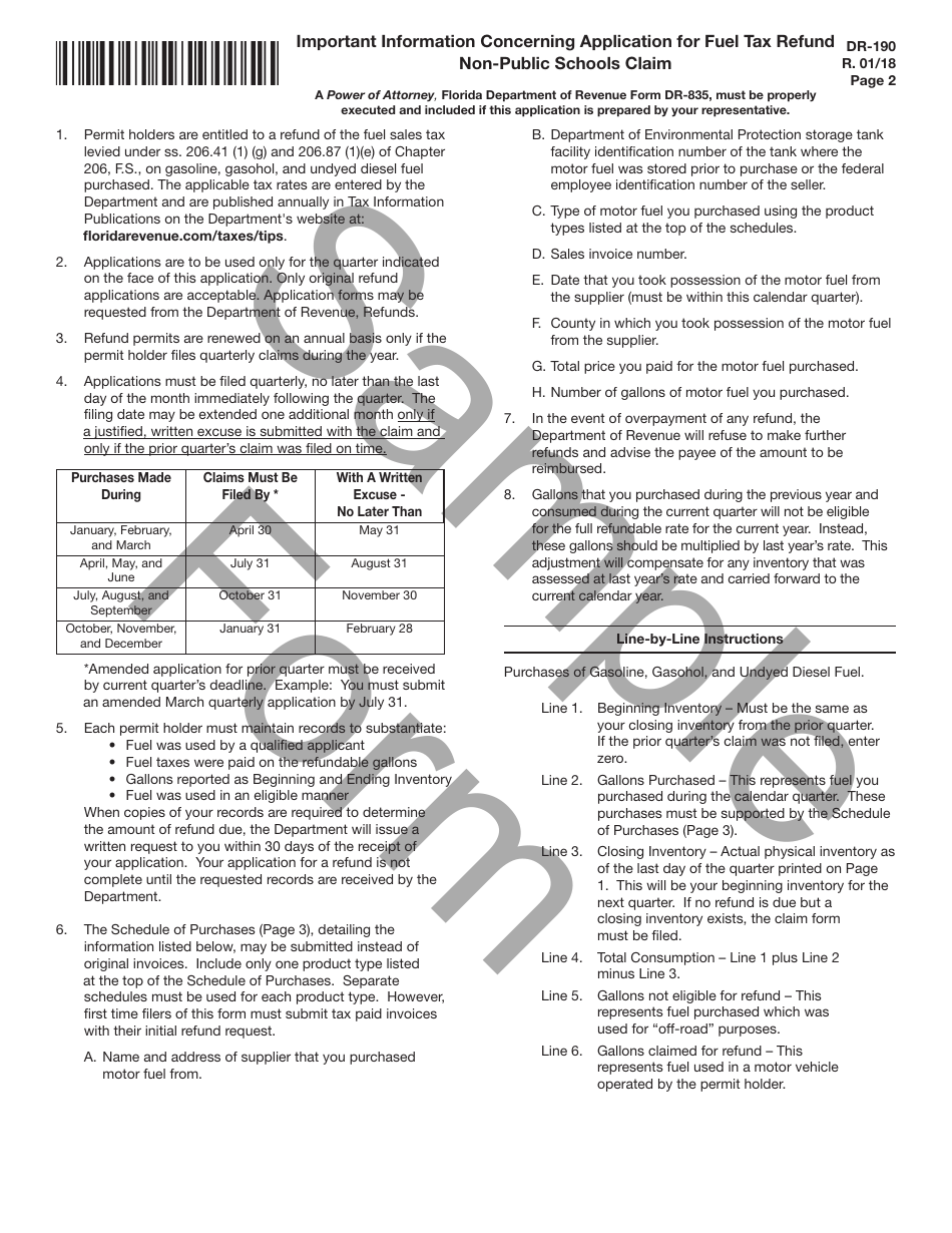 Sample Form DR-190 Application for Fuel Tax Refund Non-public Schools - Florida, Page 2