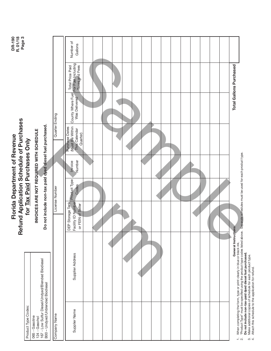 Sample Form DR-190 Application for Fuel Tax Refund Non-public Schools - Florida, Page 3