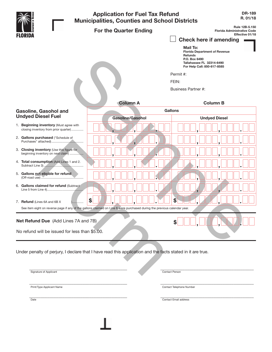 Sample Form DR-189 Application for Fuel Tax Refund Municipalities, Counties and School Districts - Florida, Page 1