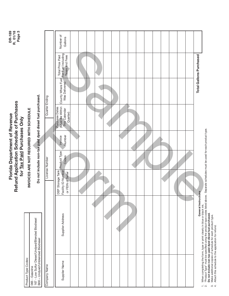 Sample Form DR-189 Application for Fuel Tax Refund Municipalities, Counties and School Districts - Florida, Page 3
