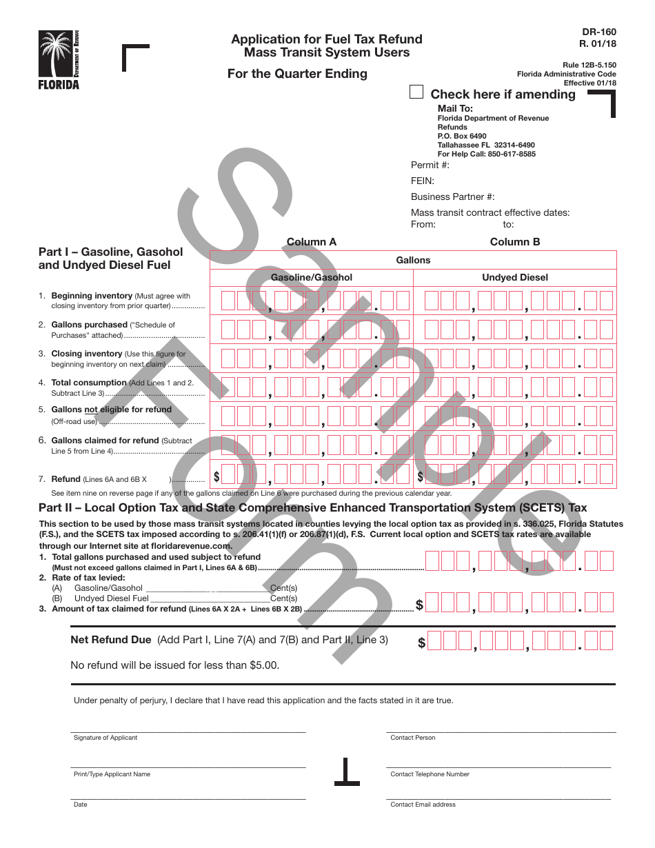 Sample Form DR-160 Application for Fuel Tax Refund Mass Transit System Users - Florida, Page 1