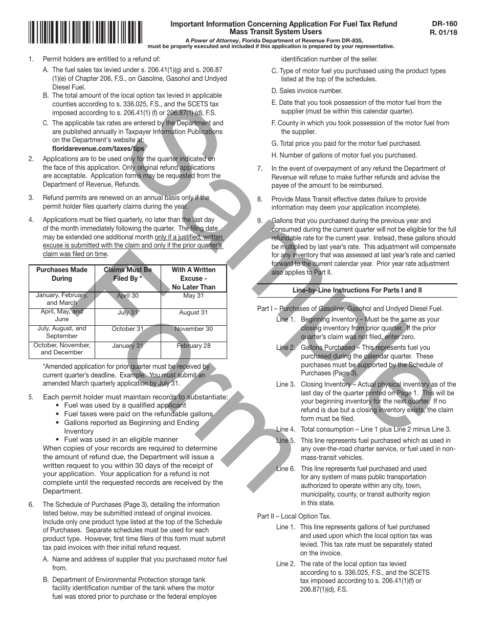 Sample Form DR-160 Application for Fuel Tax Refund Mass Transit System Users - Florida, Page 2
