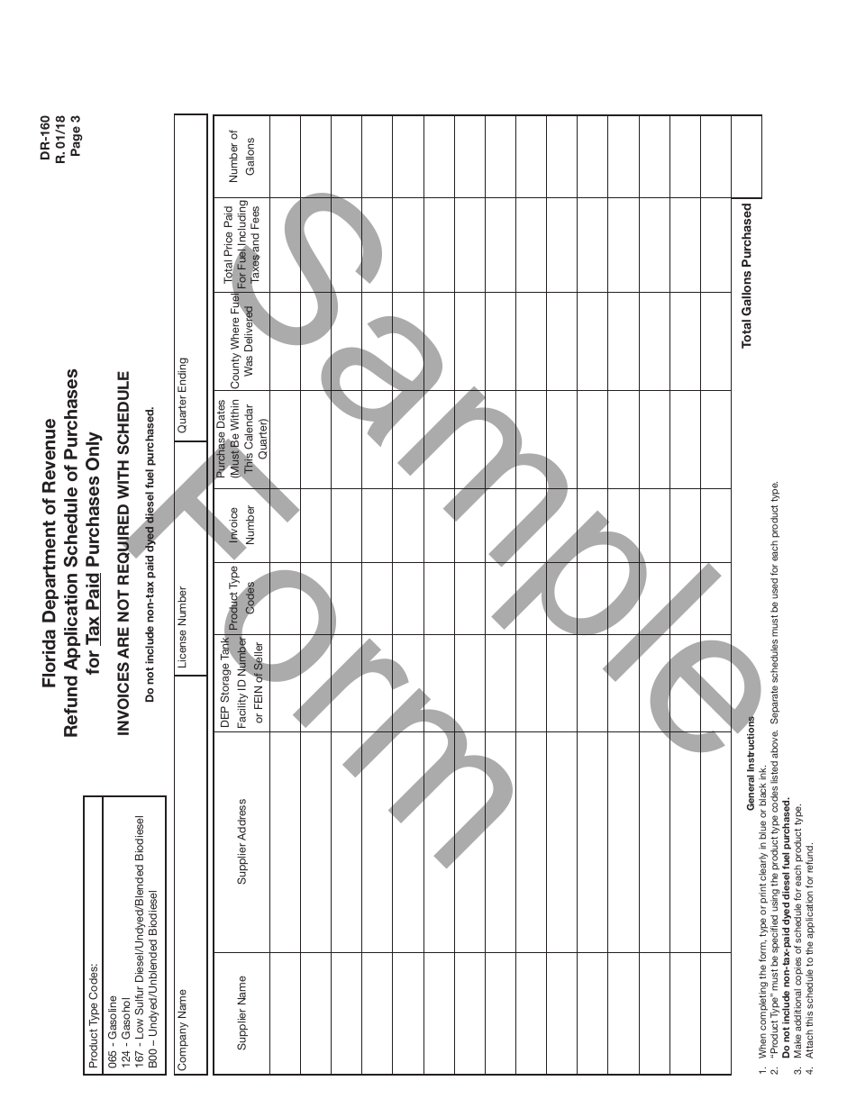Sample Form DR-160 Application for Fuel Tax Refund Mass Transit System Users - Florida, Page 3