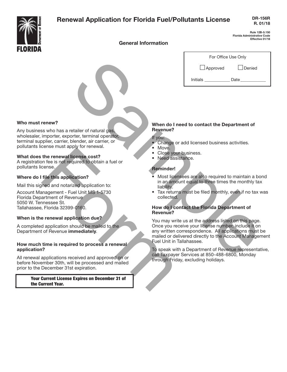 Sample Form DR-156R Renewal Application for Florida Fuel / Pollutants License - Florida, Page 1