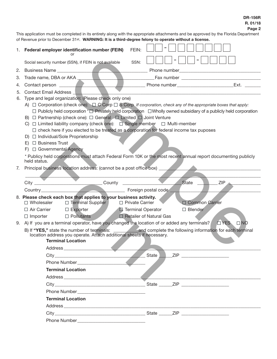 Sample Form DR-156R Renewal Application for Florida Fuel / Pollutants License - Florida, Page 3