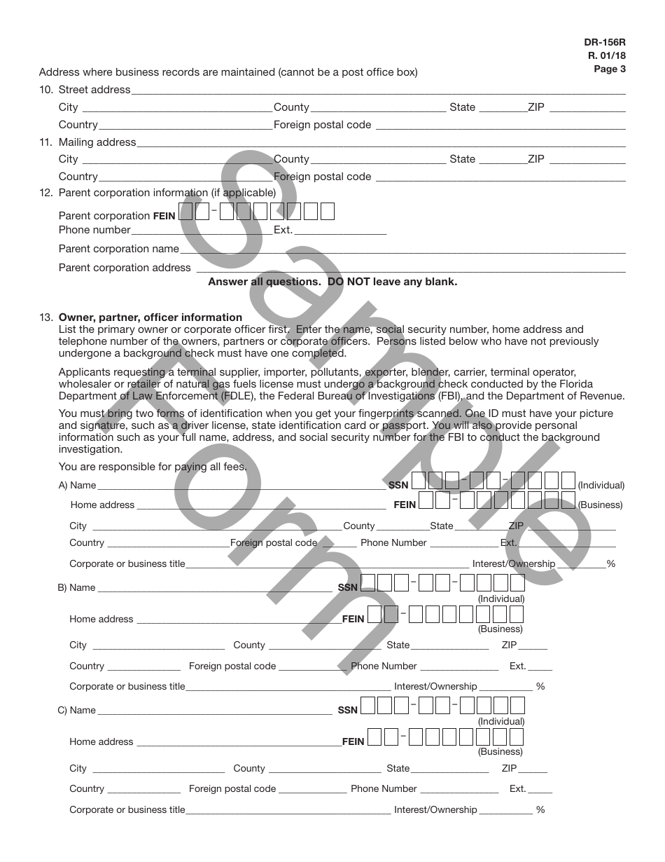 Sample Form DR-156R Renewal Application for Florida Fuel / Pollutants License - Florida, Page 4