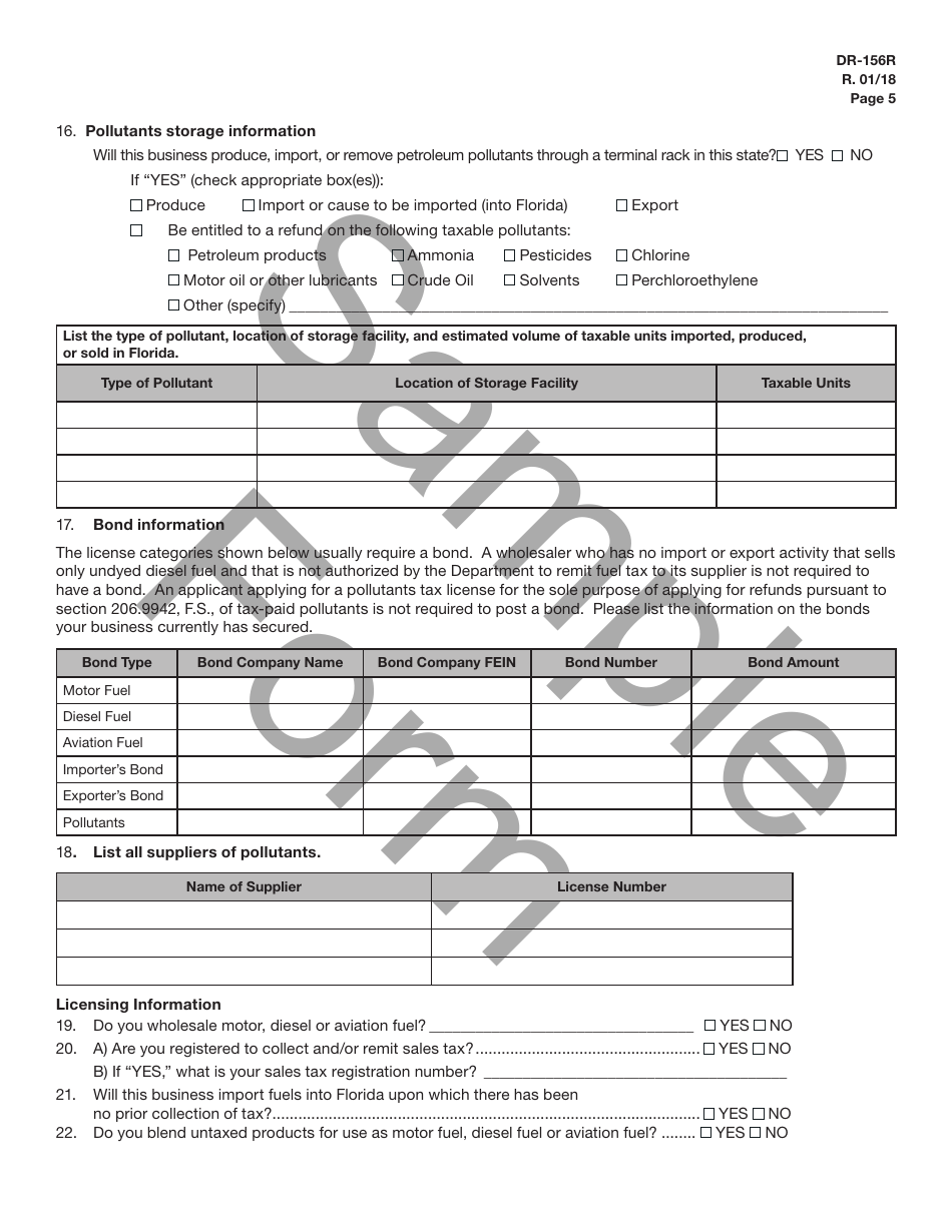 Sample Form DR-156R Renewal Application for Florida Fuel / Pollutants License - Florida, Page 6
