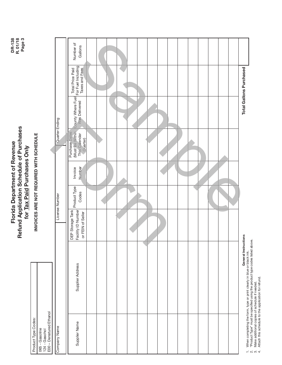 Sample Form DR-138 Application for Fuel Tax Refund Agricultural, Aquacultural, Commercial Fishing or Commercial Aviation Purposes - Florida, Page 3