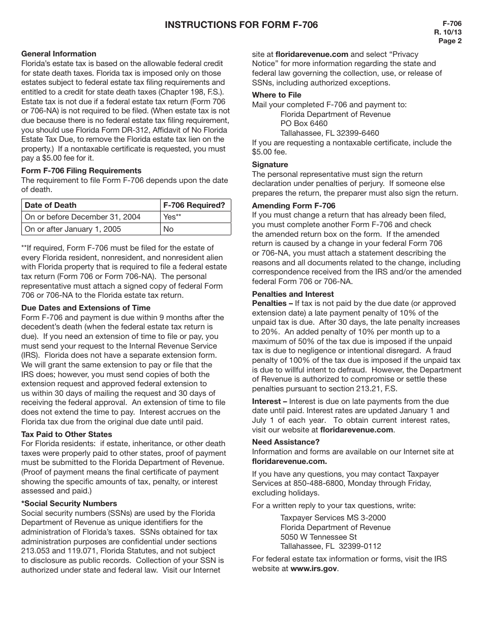 Form F-706 Florida Estate Tax Return for Residents, Nonresidents, and Nonresident Aliens - Florida, Page 2