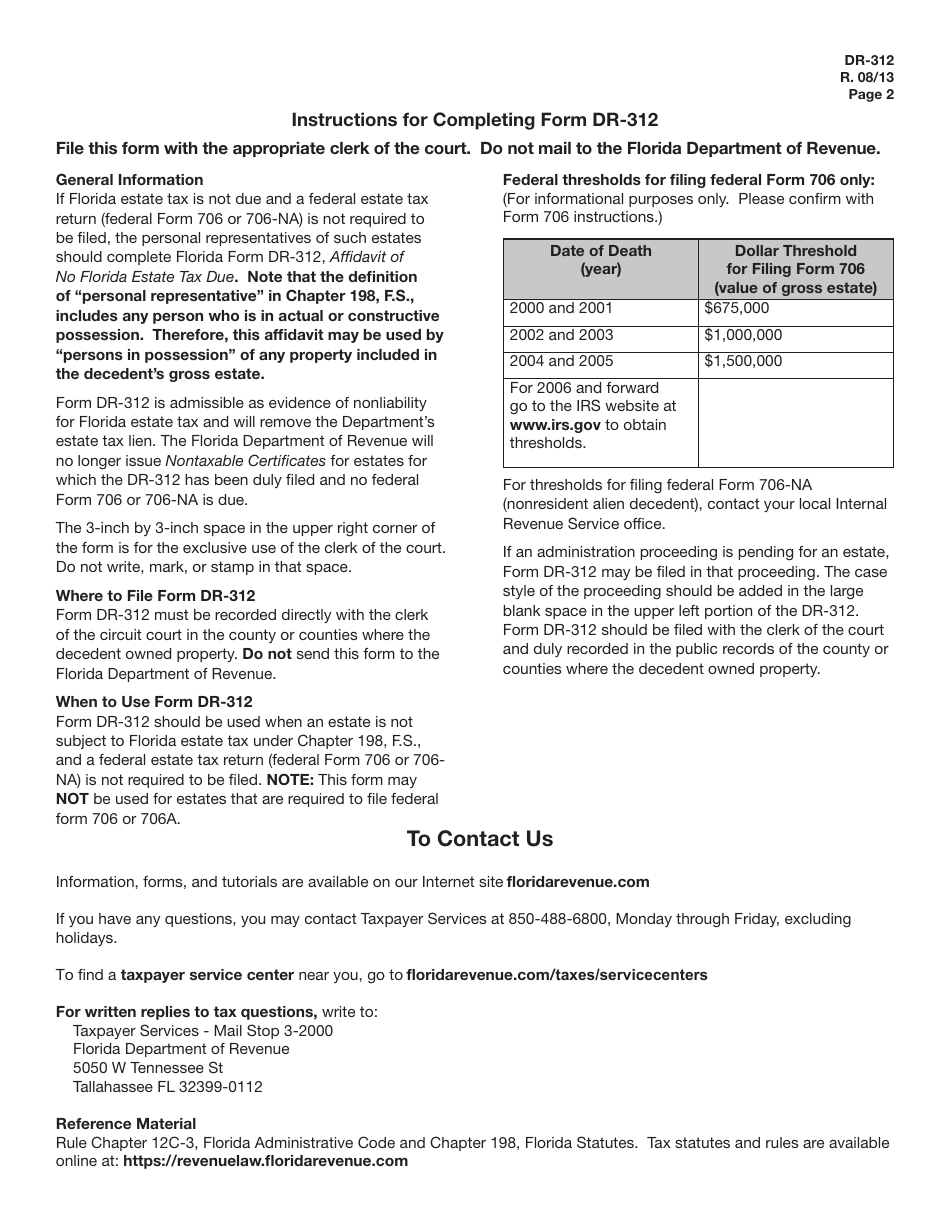 Form DR-312 Affidavit of No Florida Estate Tax Due - Florida, Page 2