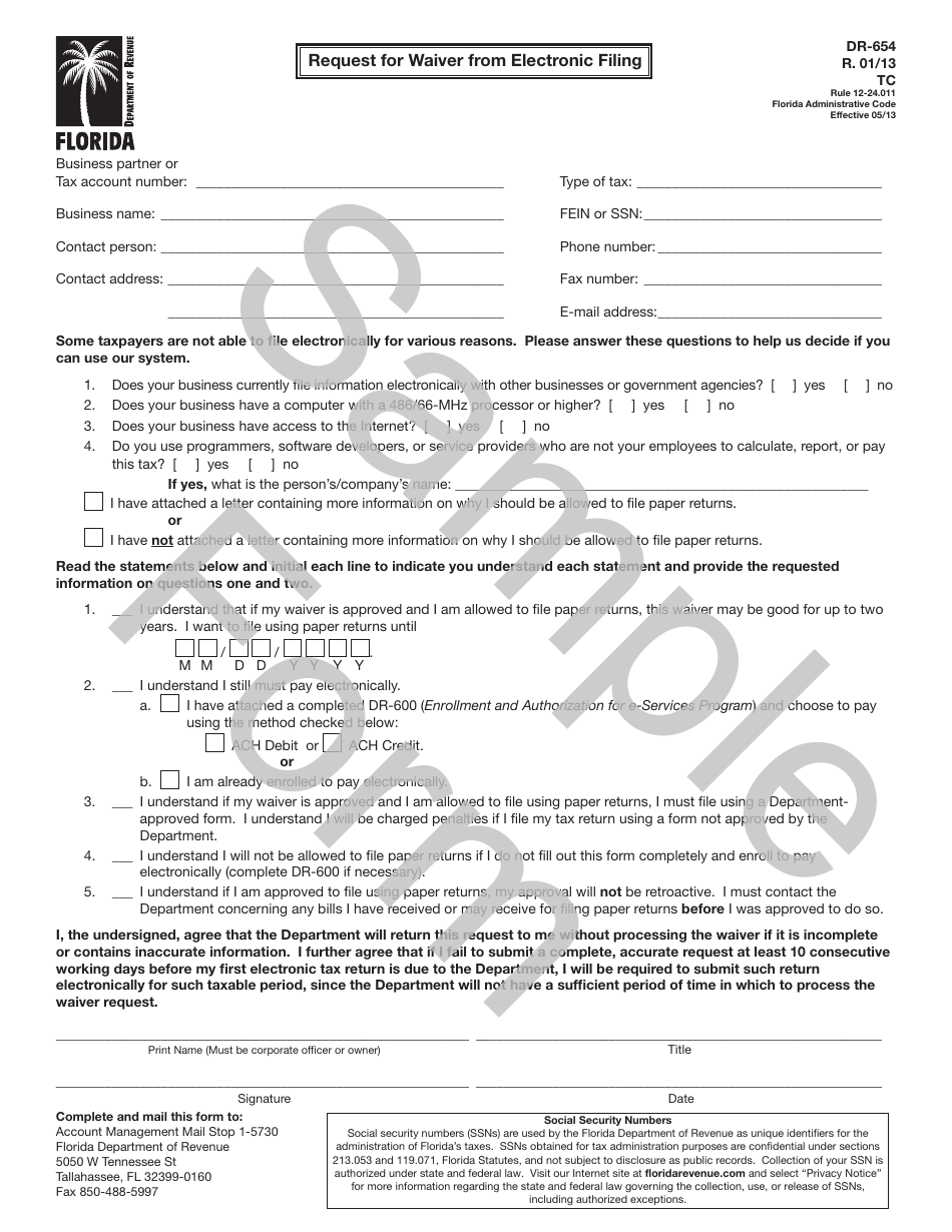 Sample Form DR-654 Request for Waiver From Electronic Filing - Florida, Page 1