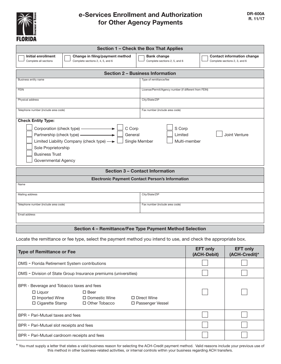 Form DR-600A E-Services Enrollment and Authorization for Other Agency Payments - Florida, Page 1