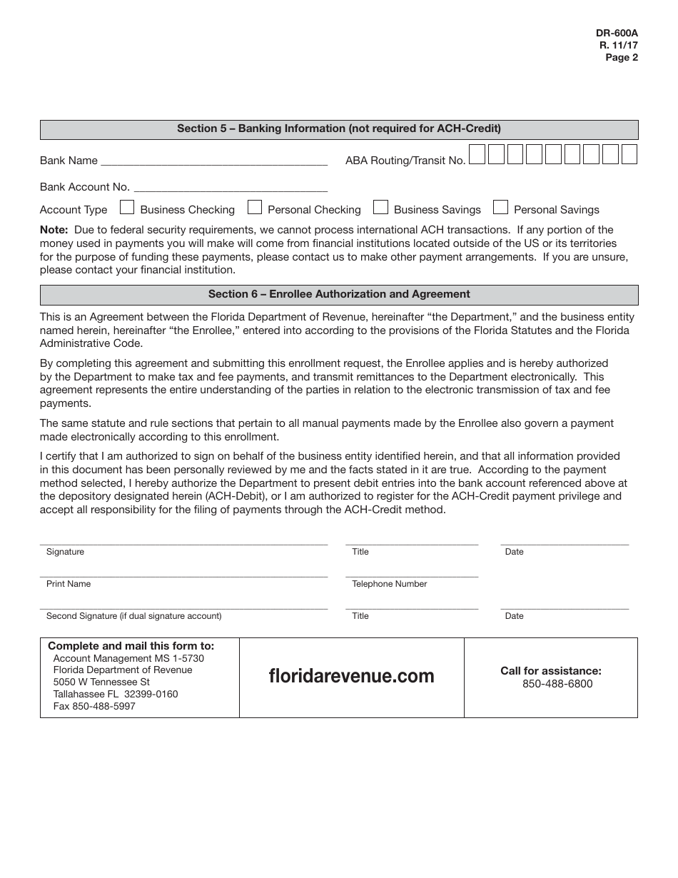Form DR-600A E-Services Enrollment and Authorization for Other Agency Payments - Florida, Page 2
