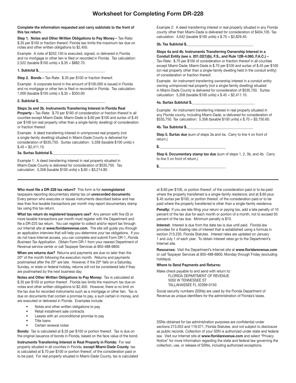 Form DR-228 Documentary Stamp Tax Return for Nonregistered Taxpayers Unrecorded Documents - Florida, Page 2