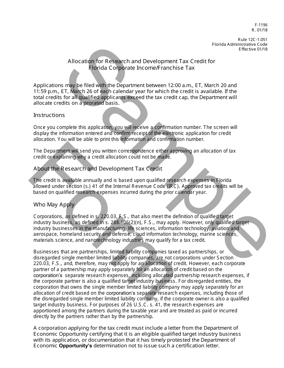 Sample Form F-1196 Allocation for Research and Development Tax Credit for Florida Corporate Income / Franchise Tax - Florida, Page 1