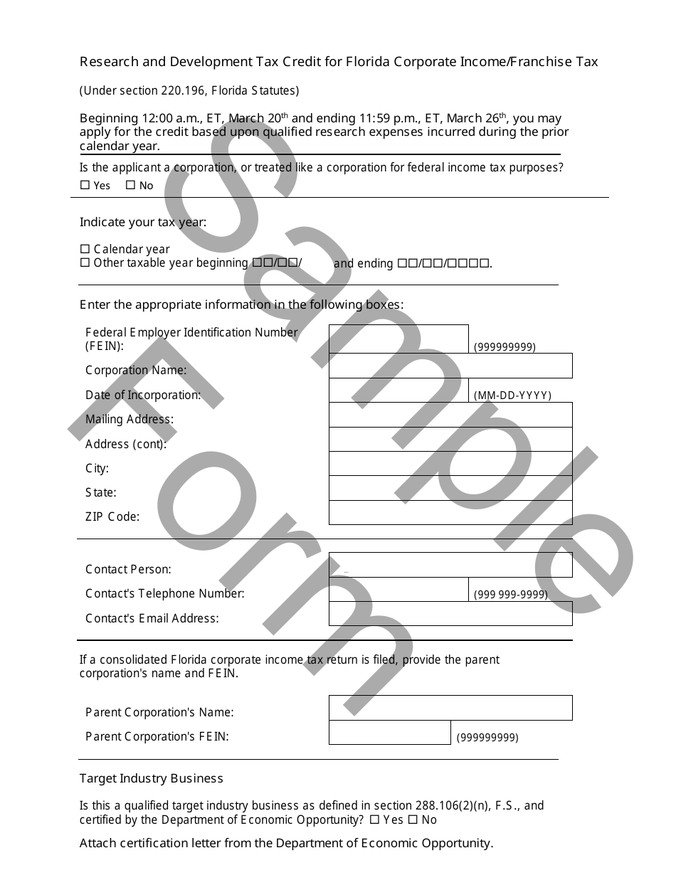 Sample Form F-1196 Allocation for Research and Development Tax Credit for Florida Corporate Income / Franchise Tax - Florida, Page 3