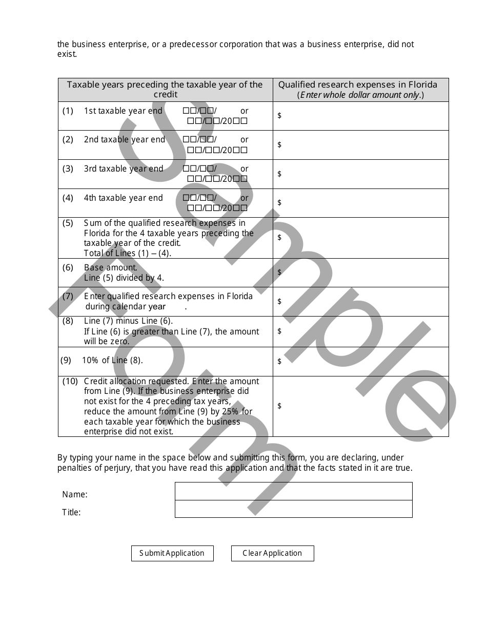 Sample Form F-1196 Allocation for Research and Development Tax Credit for Florida Corporate Income / Franchise Tax - Florida, Page 5